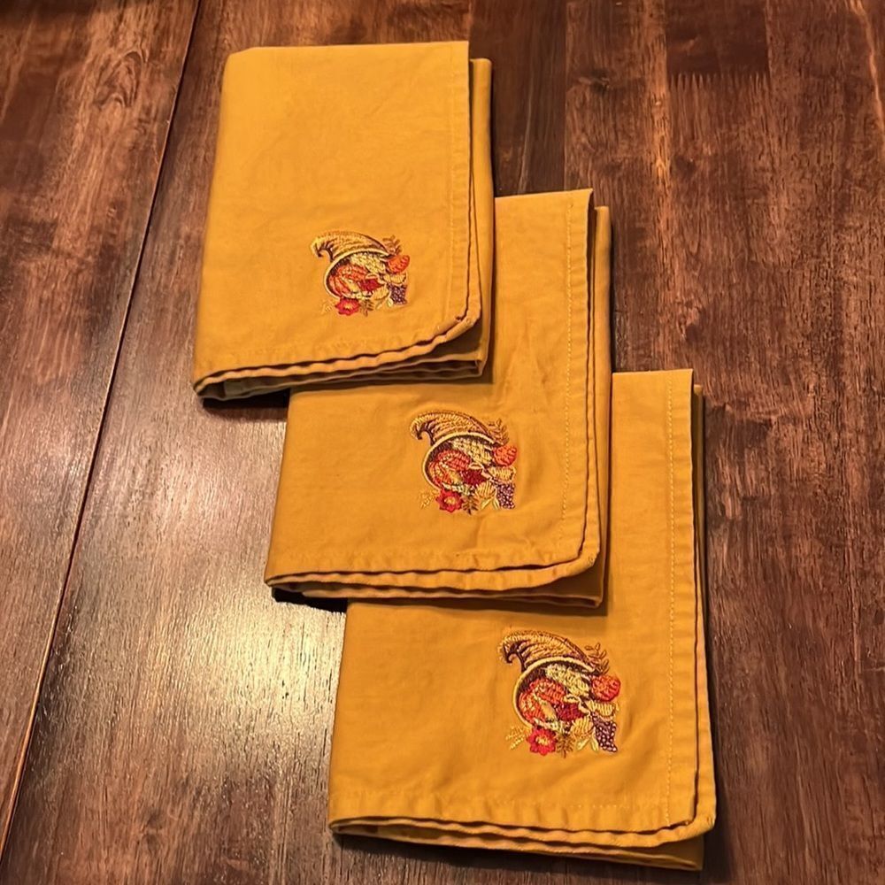 Thanksgiving Set of (3) Mustard Napkins w/ Custom Cornucopia Embroidery